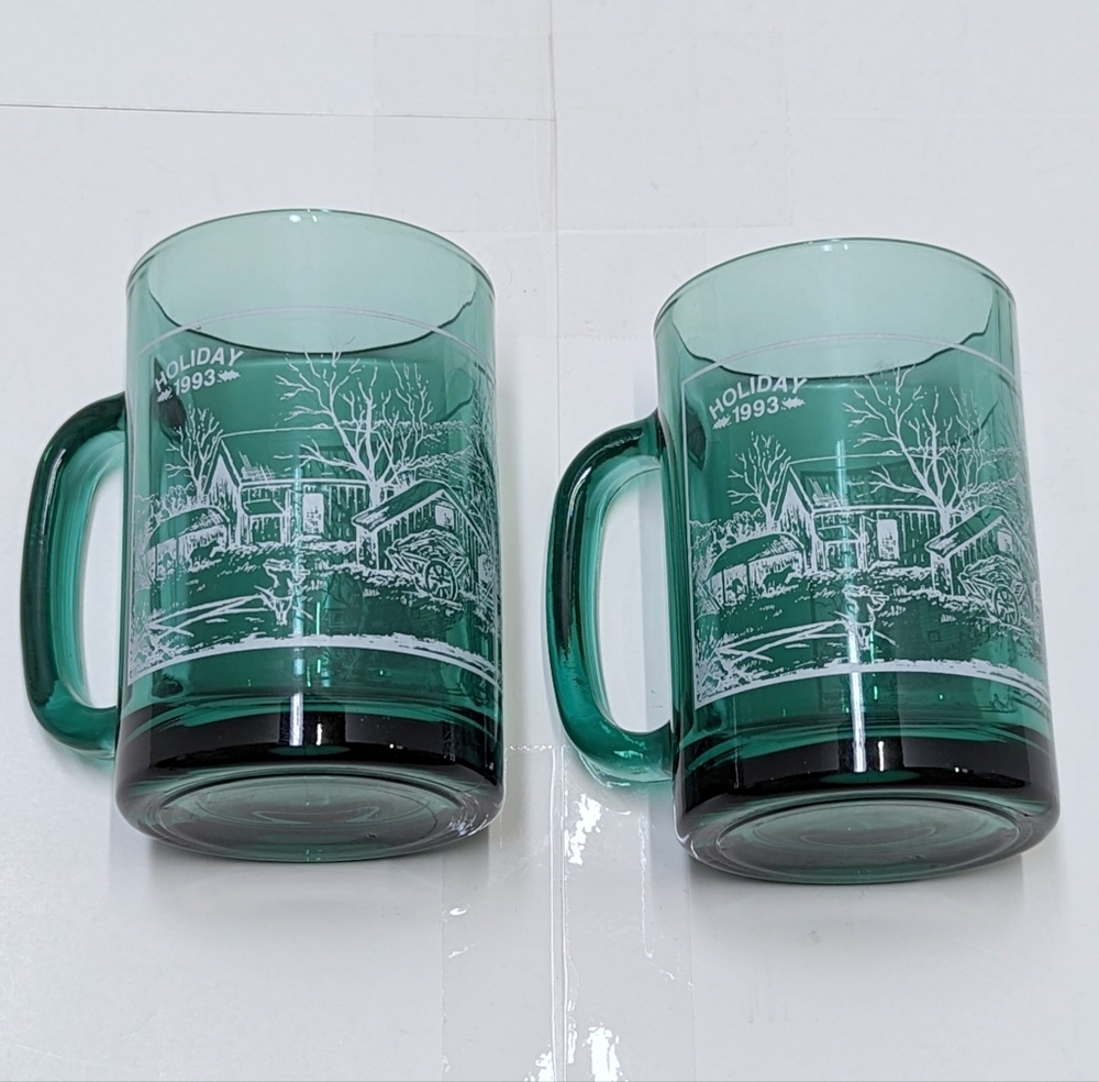 2 Vintage Holiday 1993 Green Glass Mugs
